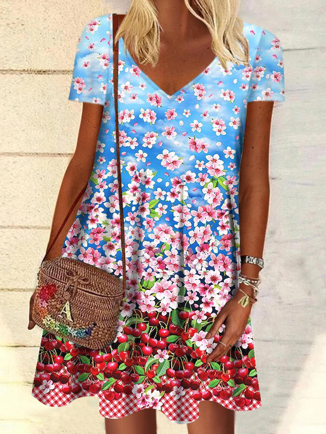 Floral Cherry Print V Neck Short Sleeve Dress