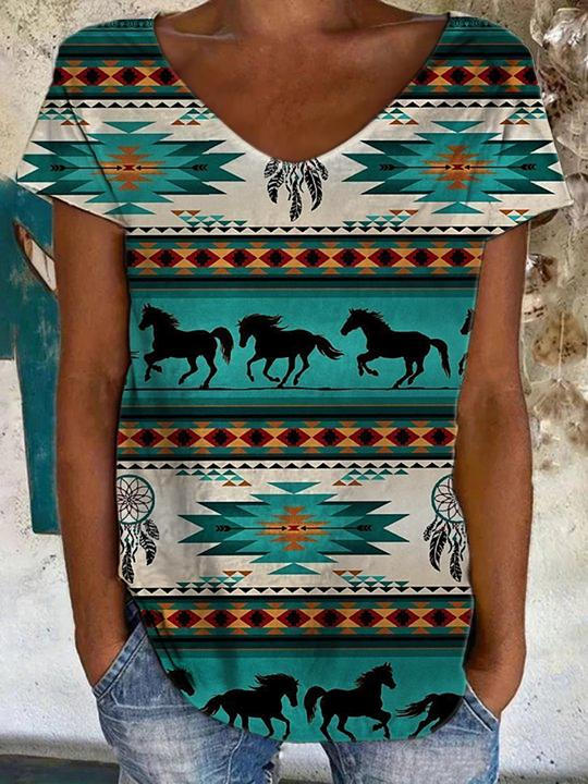 Horse Stripe Turquoise Print V-Neck T-Shirt