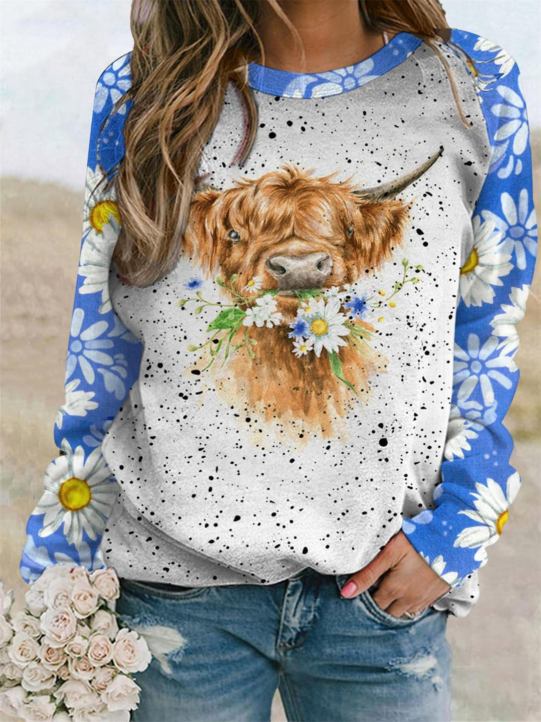 Daisy Floral Highland Cow Print Top
