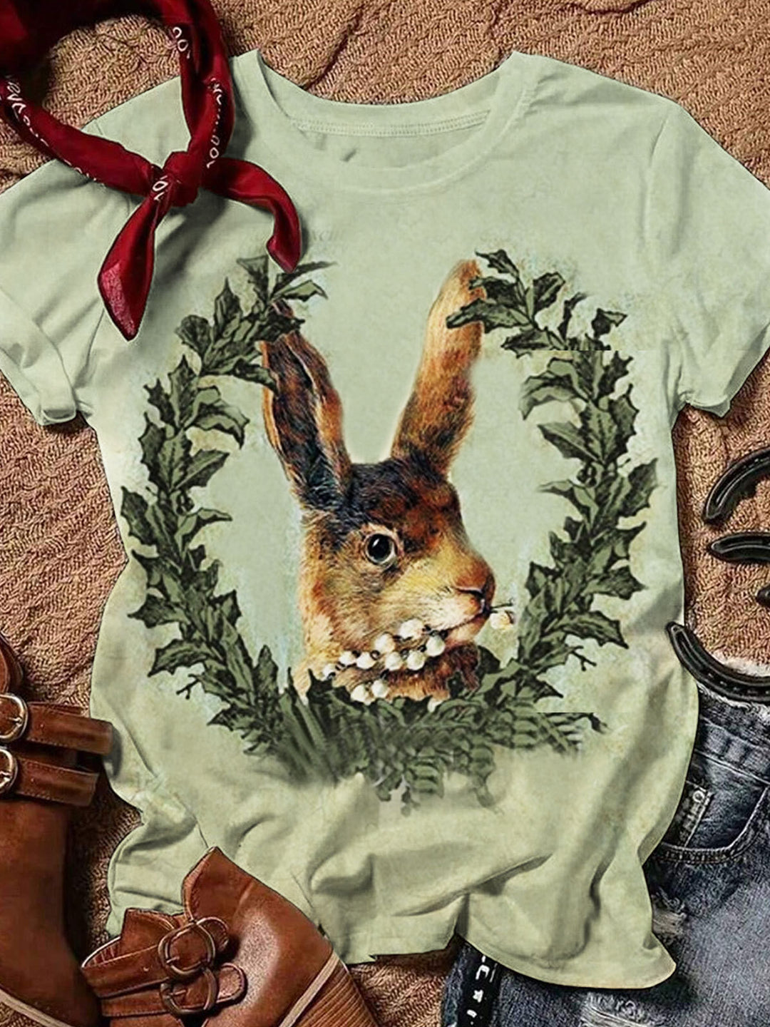 Women's Easter Bunny Print Crew Neck Casual Top