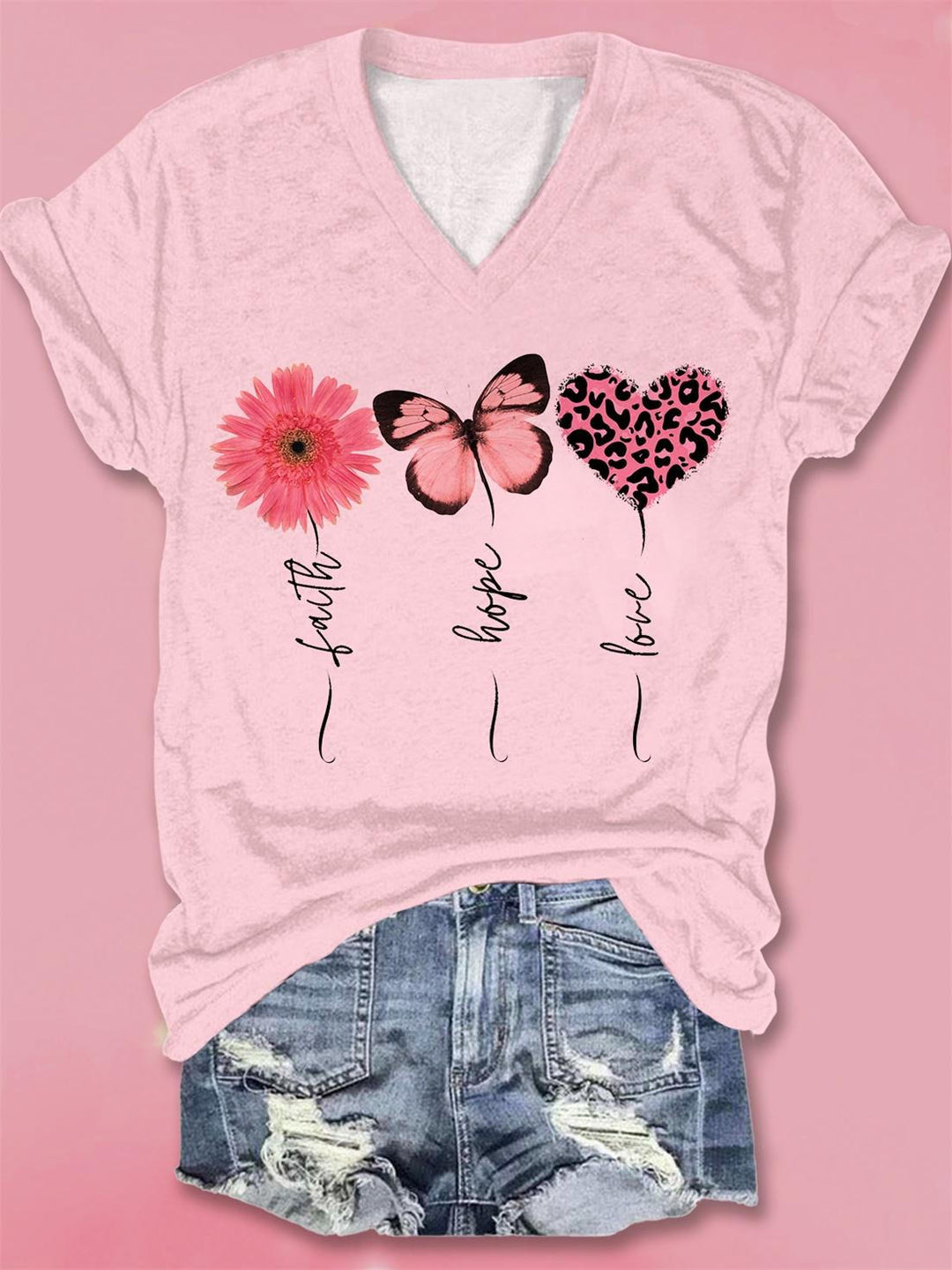 Faith Hope Love Pink Leopard Print V-Neck T-Shirt