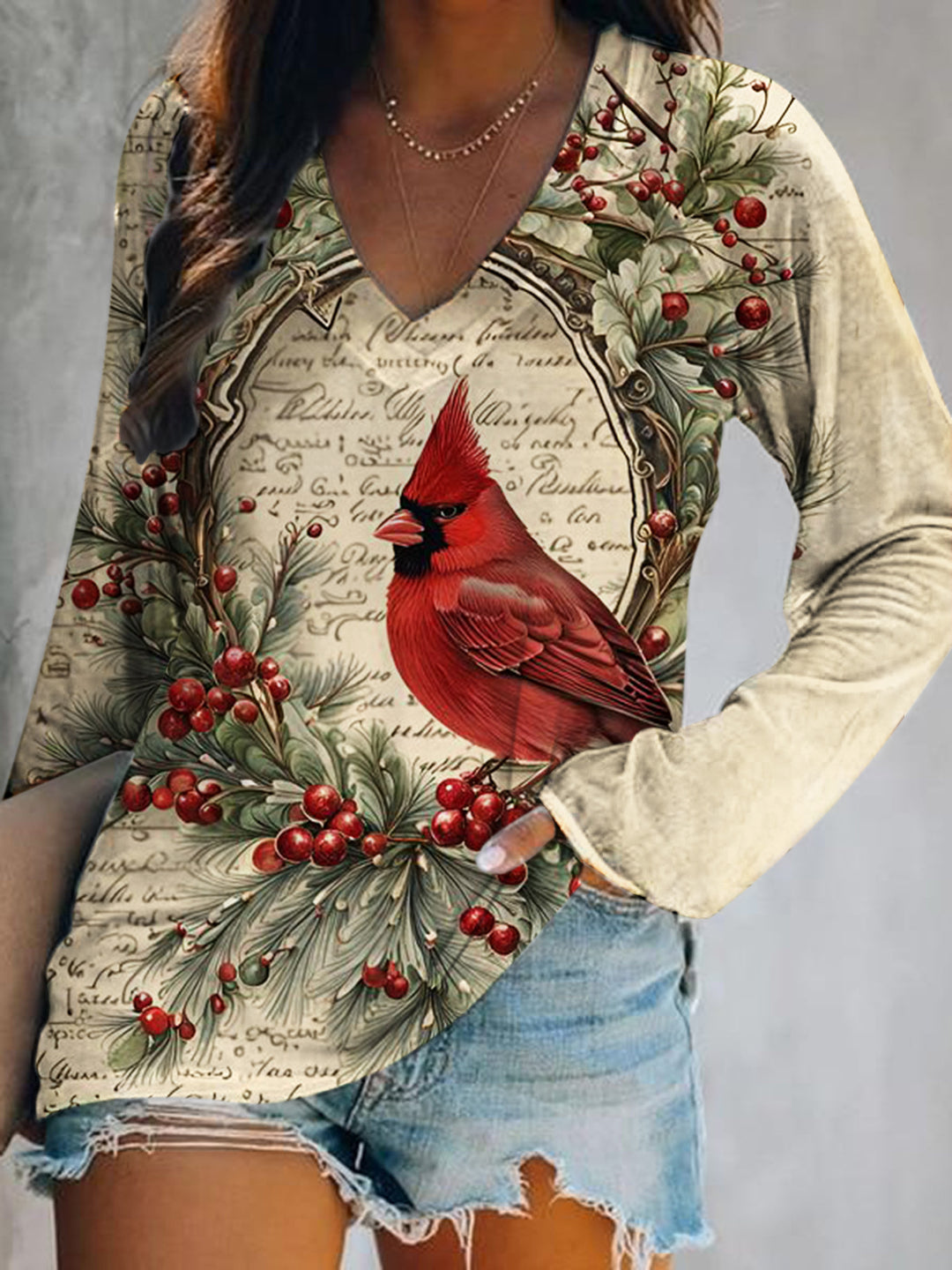 Cardinal Bird Retro Print V-Neck Top