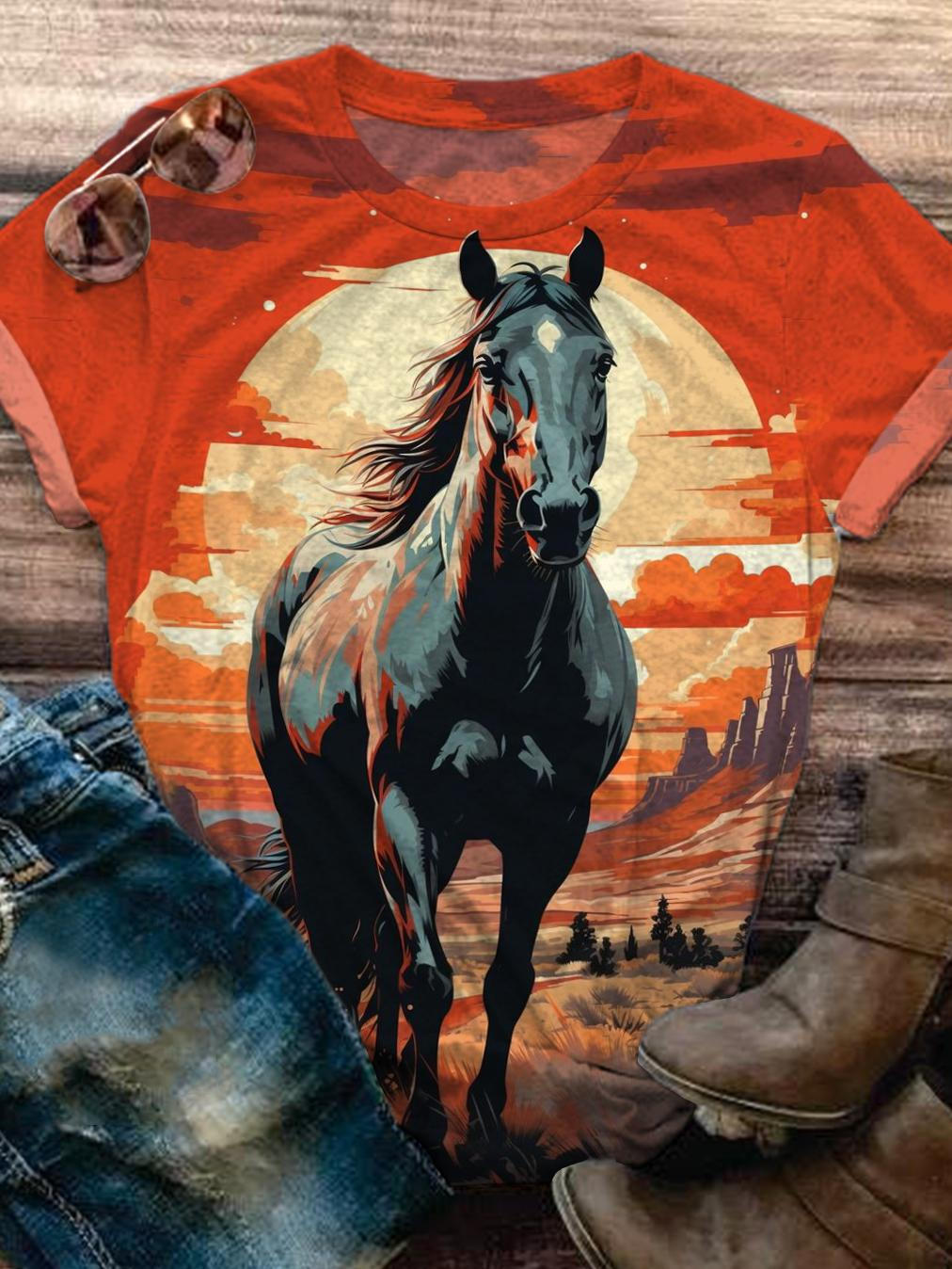 Western Sunset Horse Print Crew Neck T-shirt