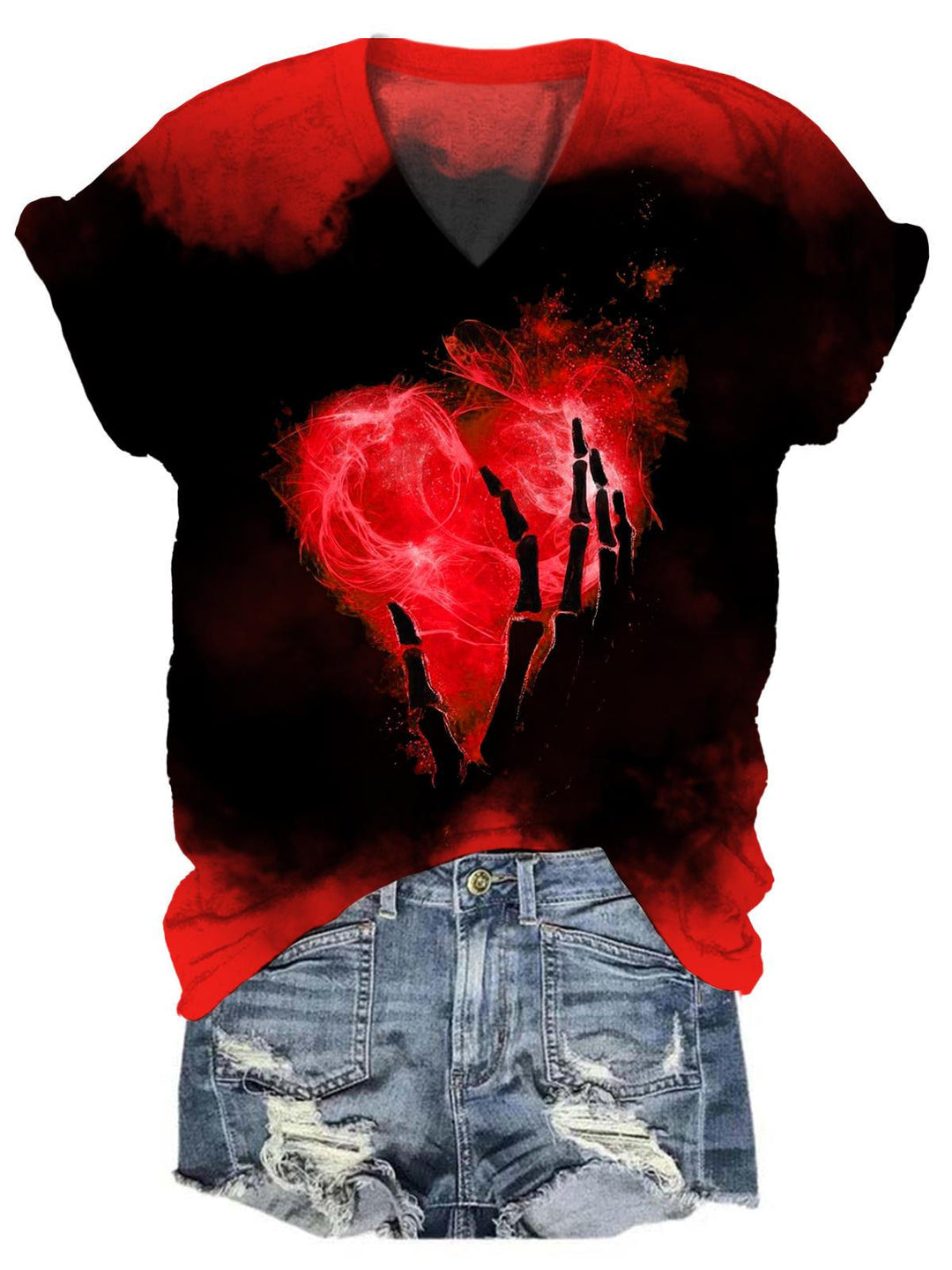 Skull Heart Print Tie Dye V Neck T-Shirt