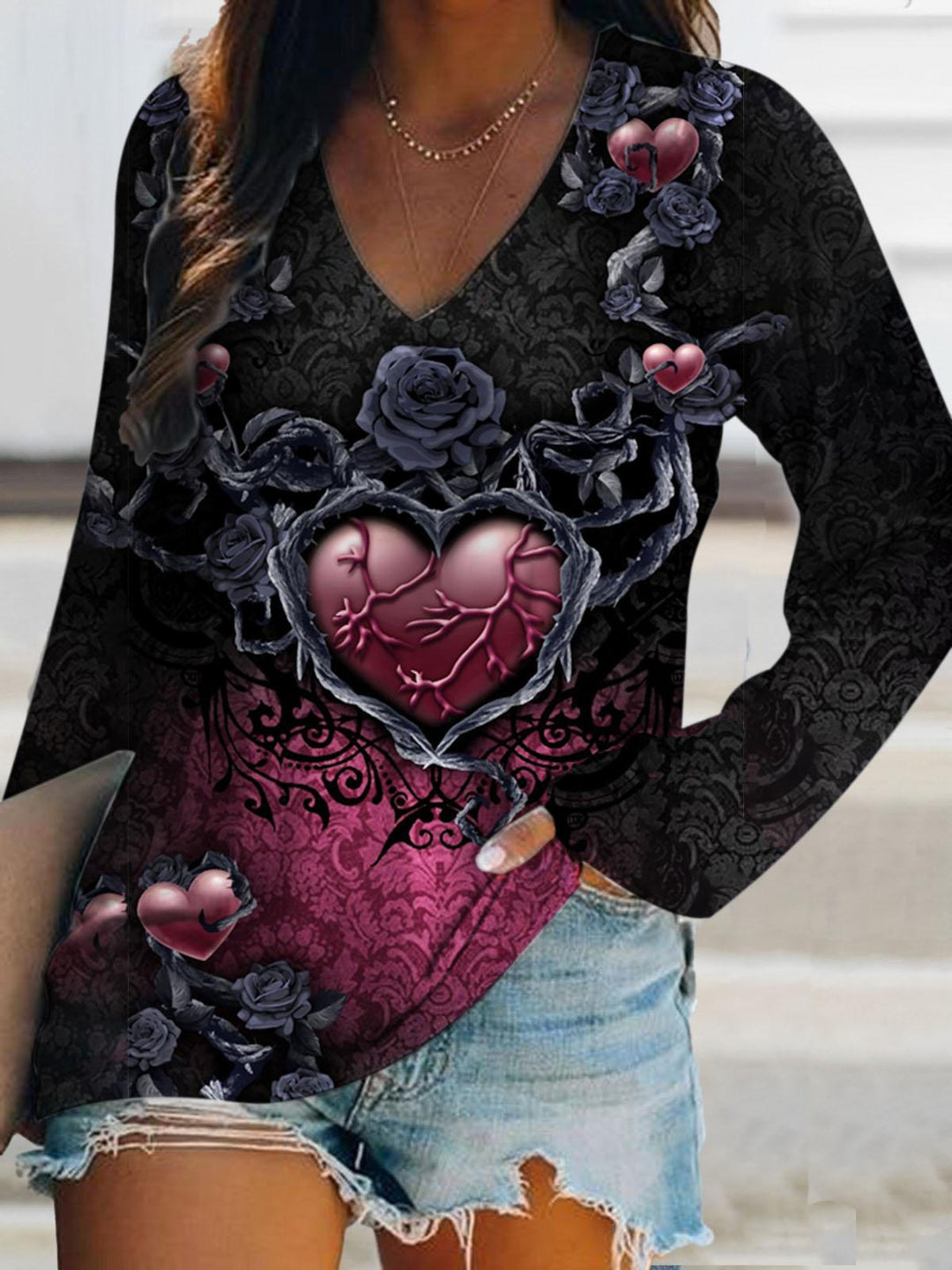Gothic Dark Print V-Neck Long Sleeve T-Shirt