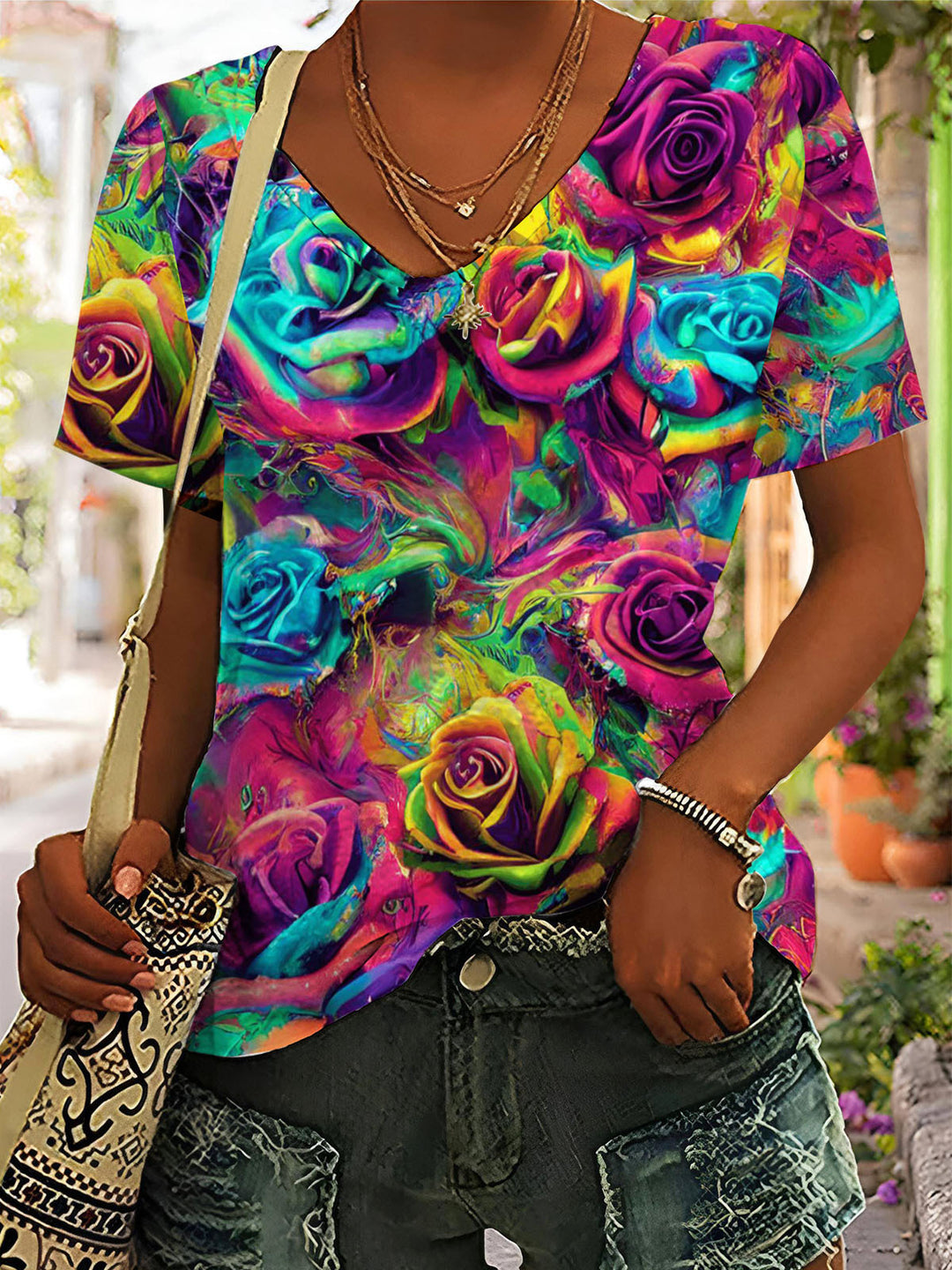 Tie-Dye Rose Print V-Neck Short Sleeve T-Shirt