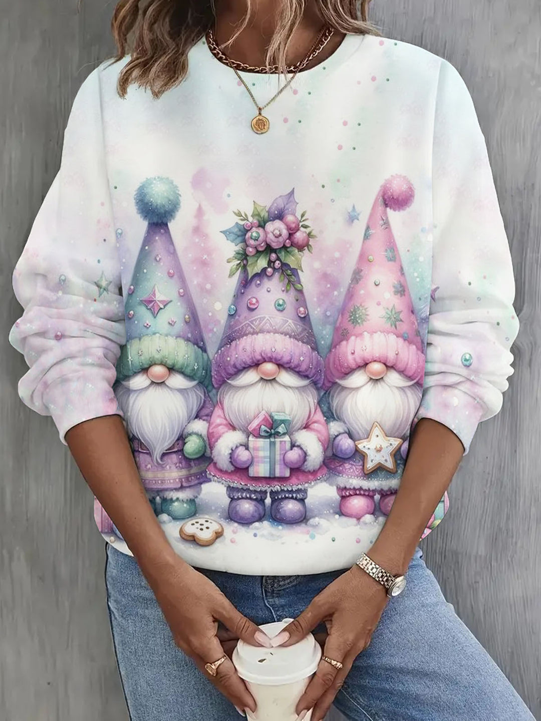 Women's Winter Gnome Print Crew Neck Long Sleeve Top