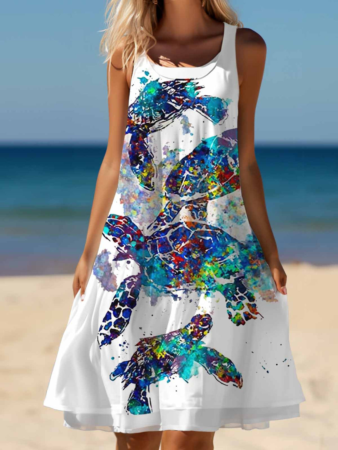 Turtle Watercolor Art Ladies False Two Dress