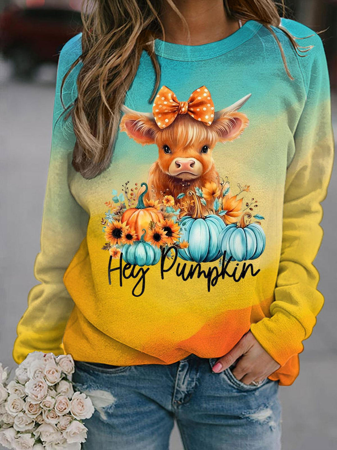 Women's Pumpkin Cow Print Long Sleeve Top