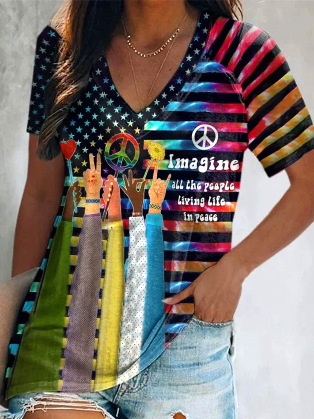 Hippie Short Sleeve V Neck Print Top