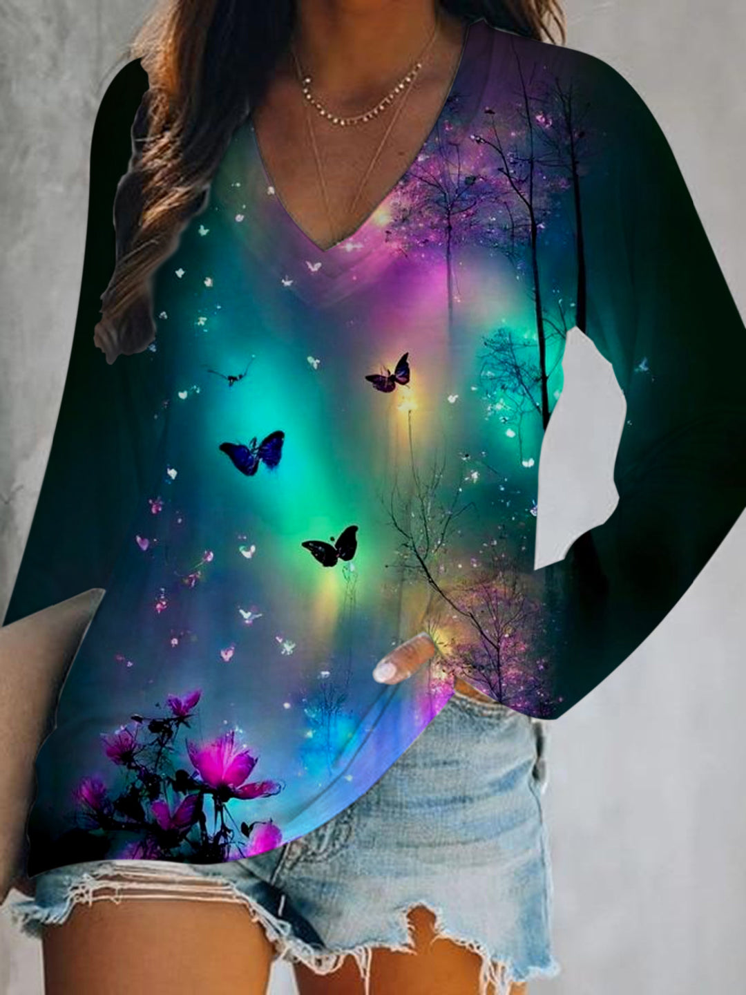 Butterfly Aurora Print V-Neck Long Sleeve Top