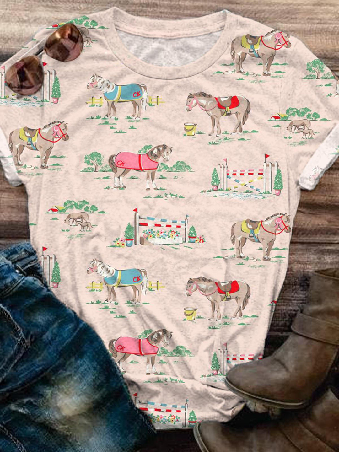 Vintage Cute Horses Print Crew Neck T-shirt