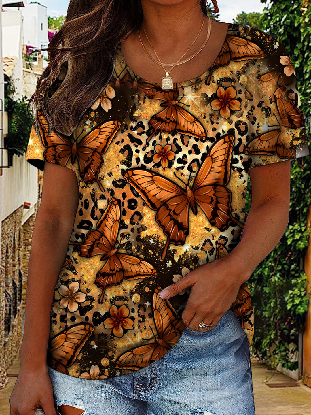 Leopard Butterfly Print Crew Neck T-Shirt