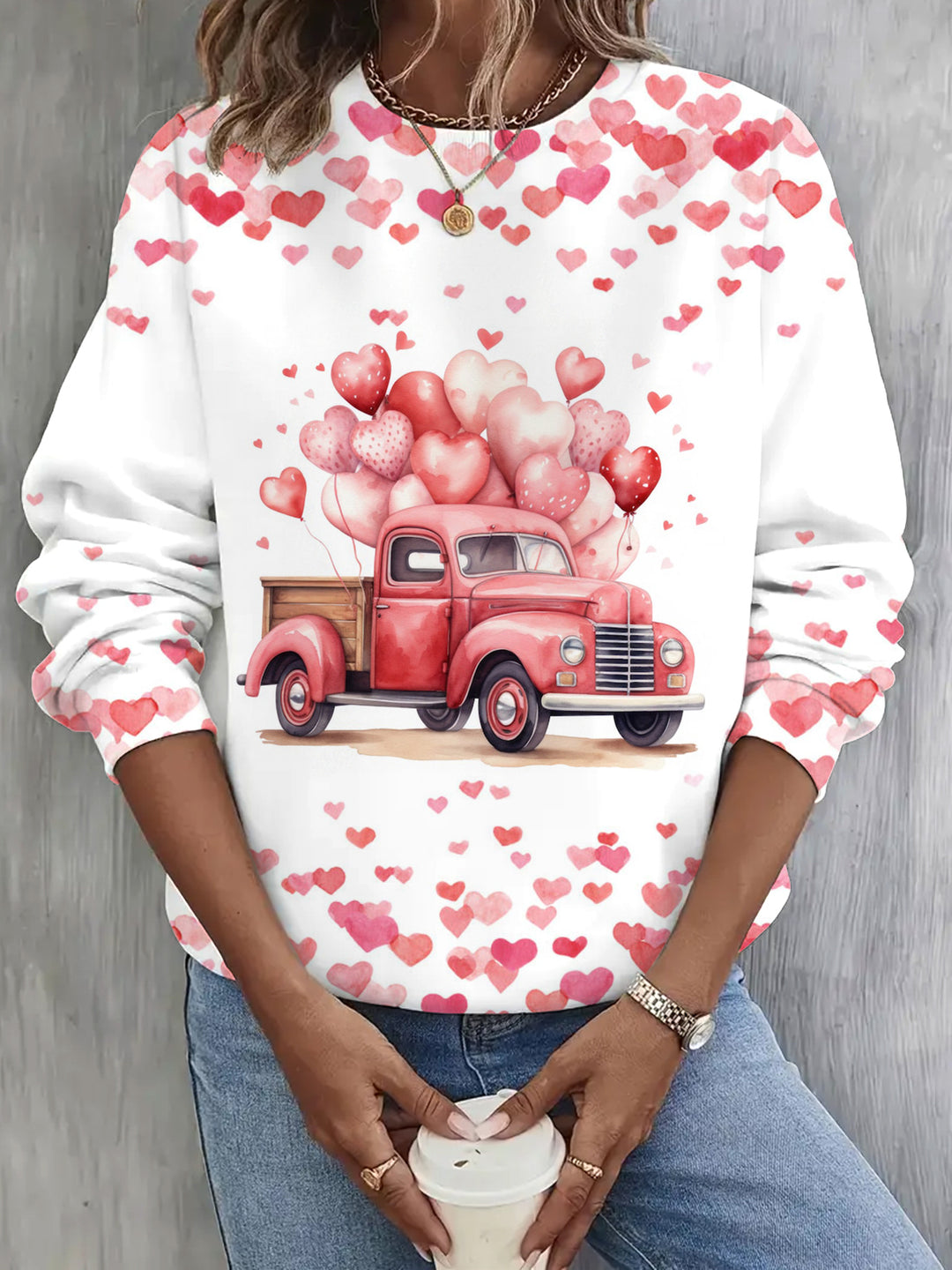 Truck Love Balloon Print Long Sleeve Casual Top