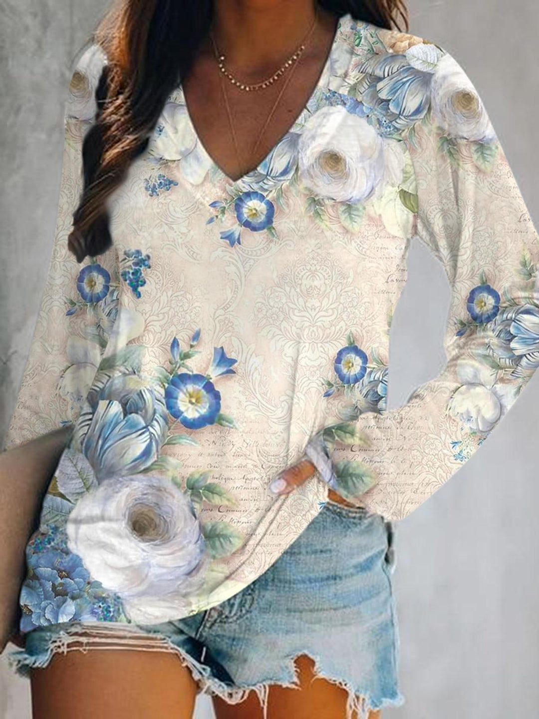 Print V-Neck Long Sleeve Top