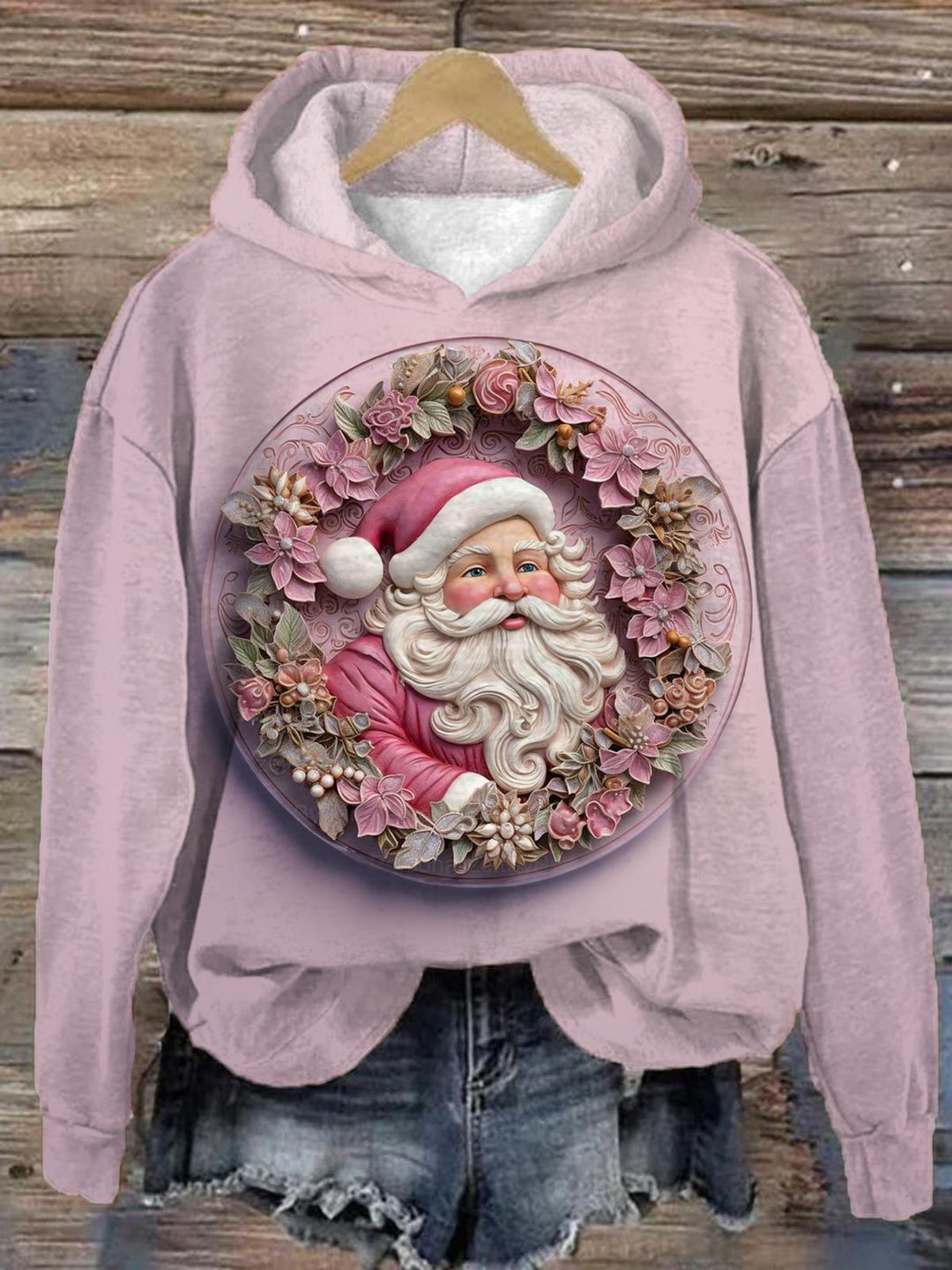 Pink Floral Santa Printed Long Sleeve Hoodie