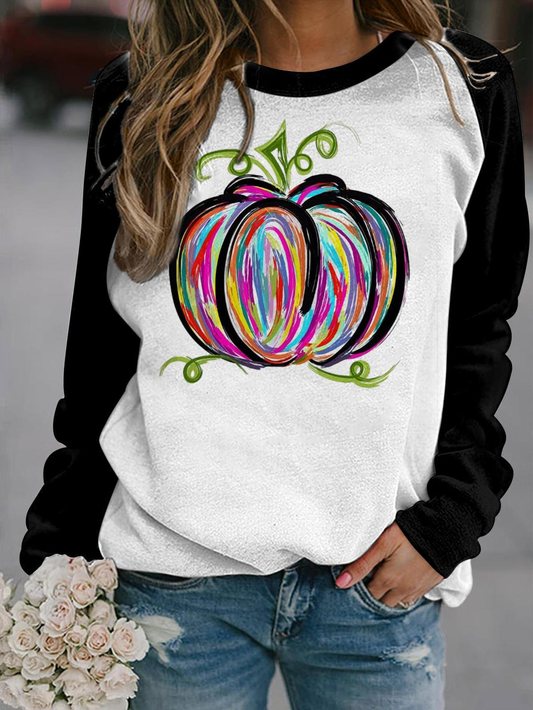 Colorful Crayon Pumpkin Long Sleeve Top