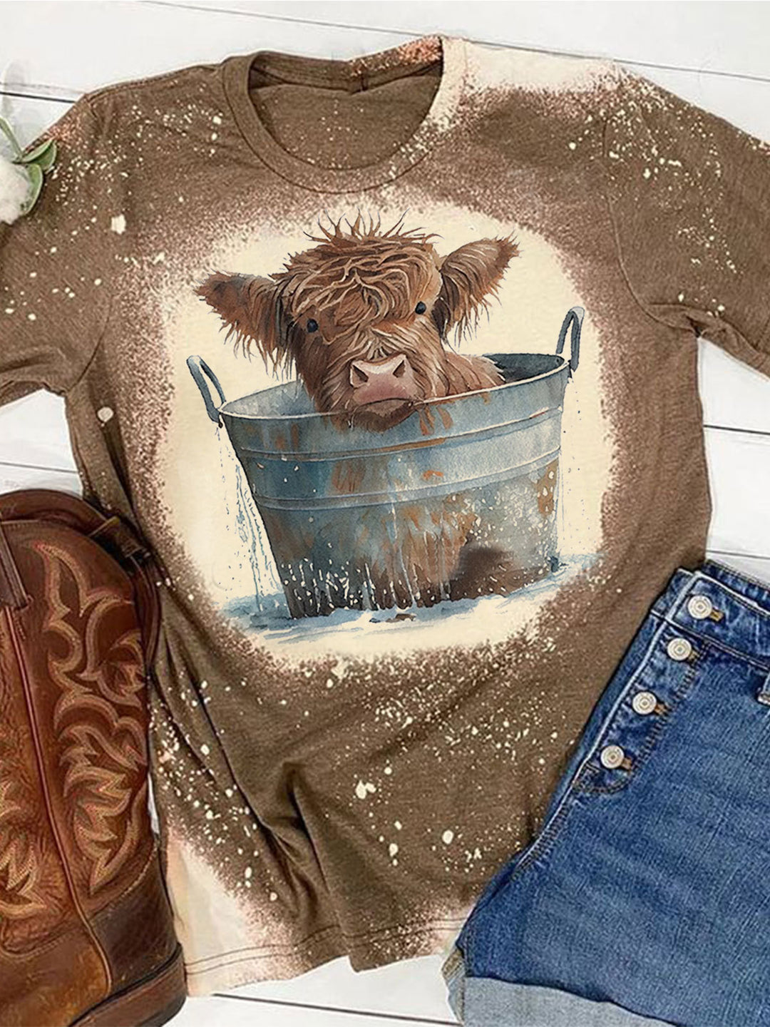 Highland Cow Print Crew Neck T-shirt