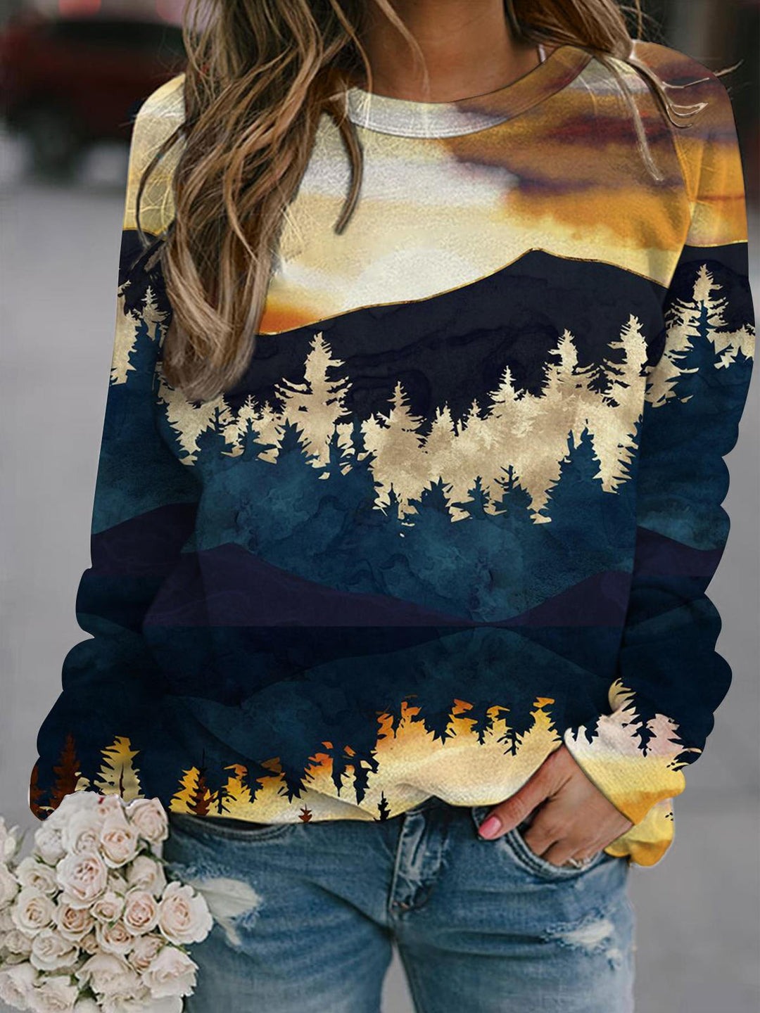 Fall Sunset Print Long Sleeve Top
