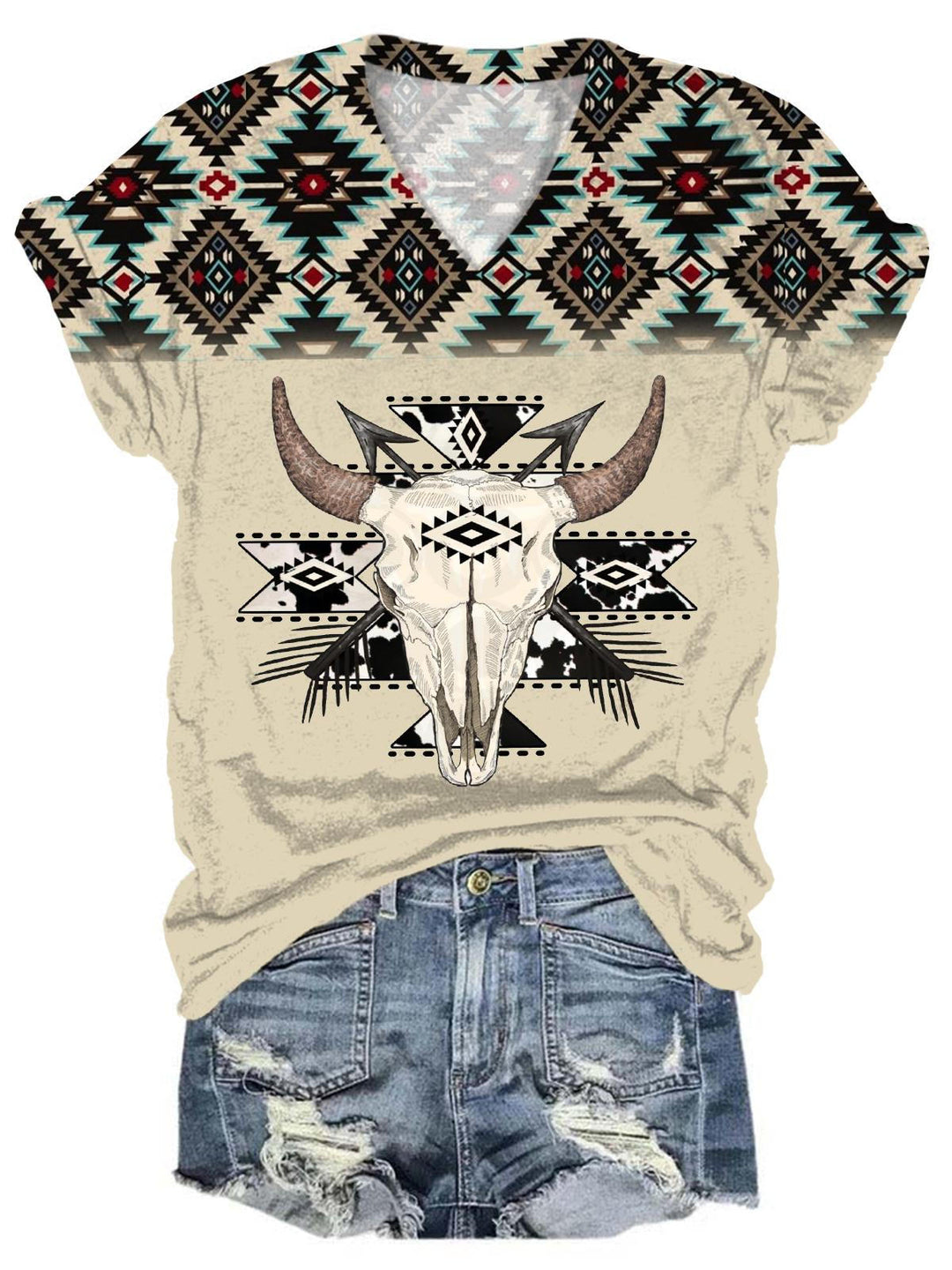 Women's Western Retro Print V Neck T-Shirt