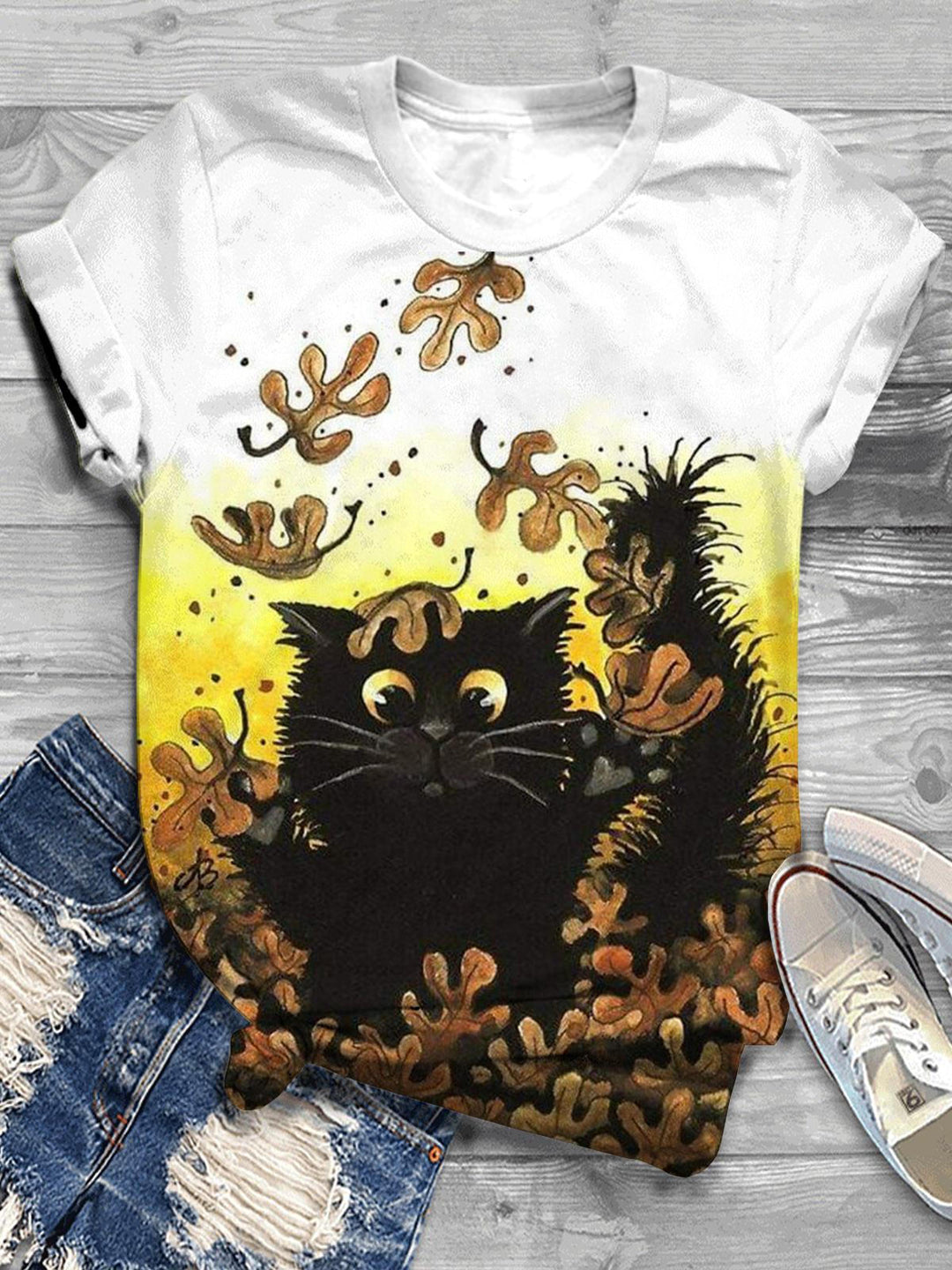 Autumn Black Cat Leaf Print Crew Neck T-shirt