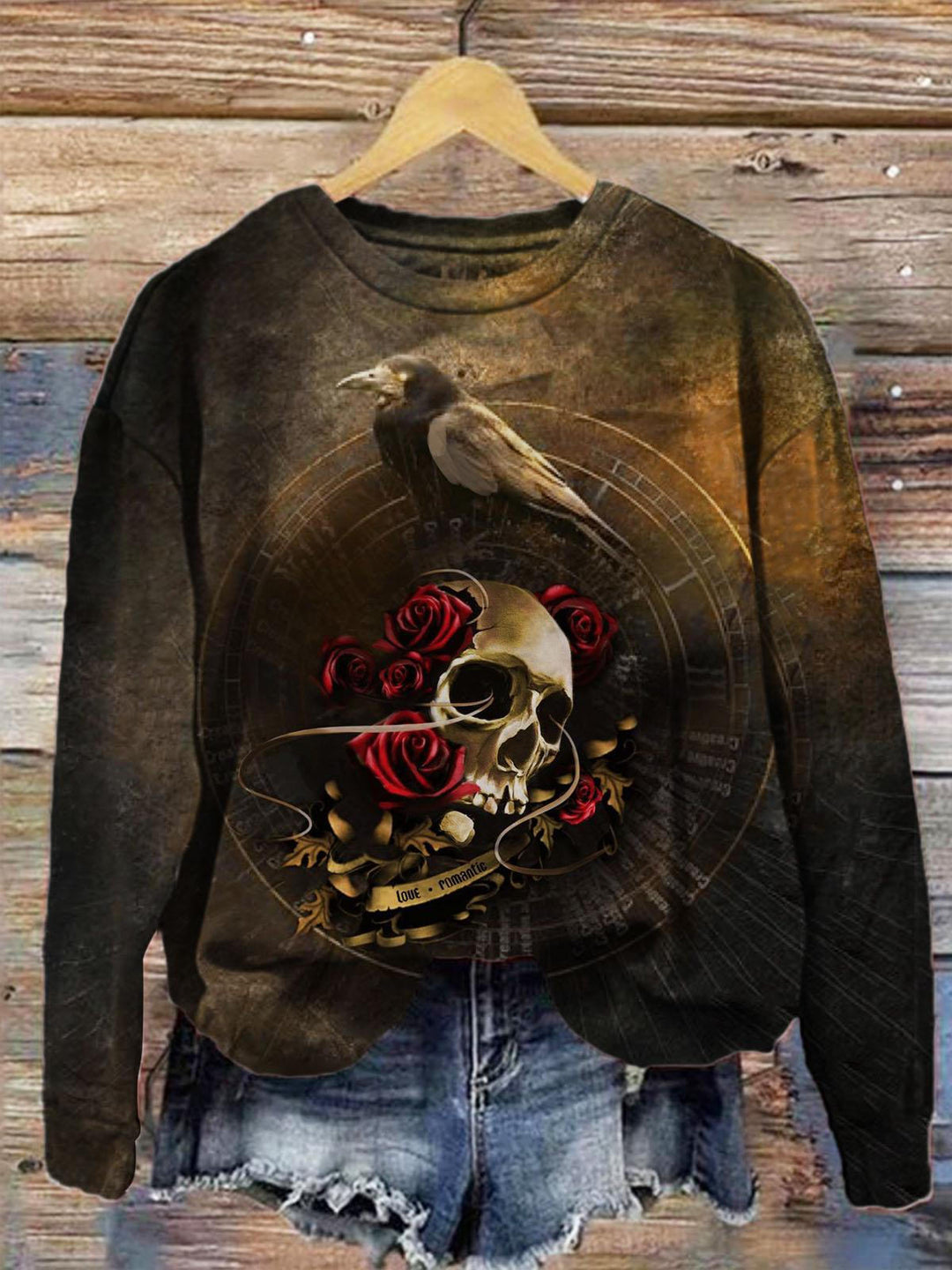 Raven Skull Print Long Sleeve Top