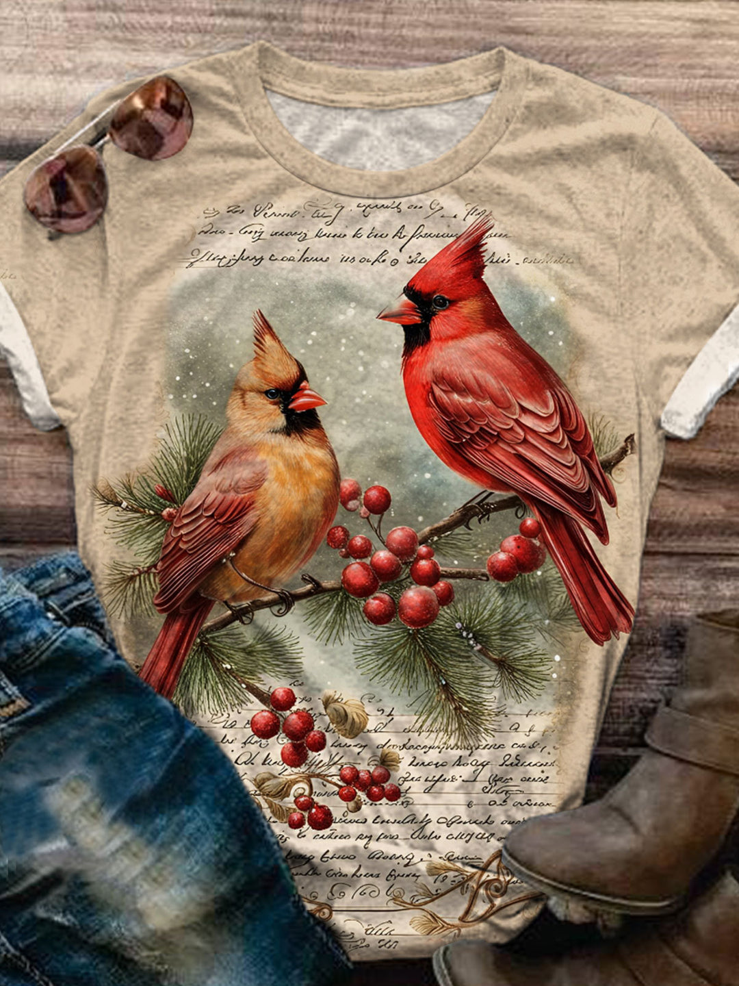 Cardinal Bird Print Short Sleeve Top