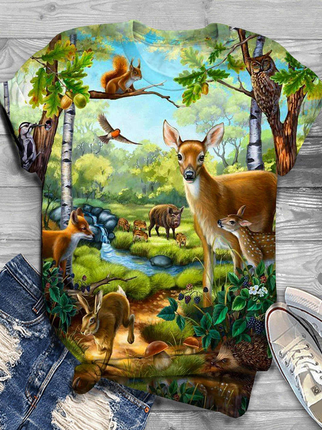 Forest Animal Crew Neck T-Shirt