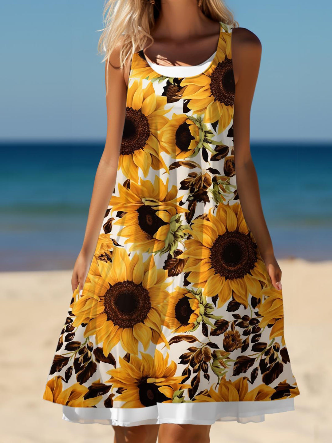 Sunflower Print Ladies False Two Dress