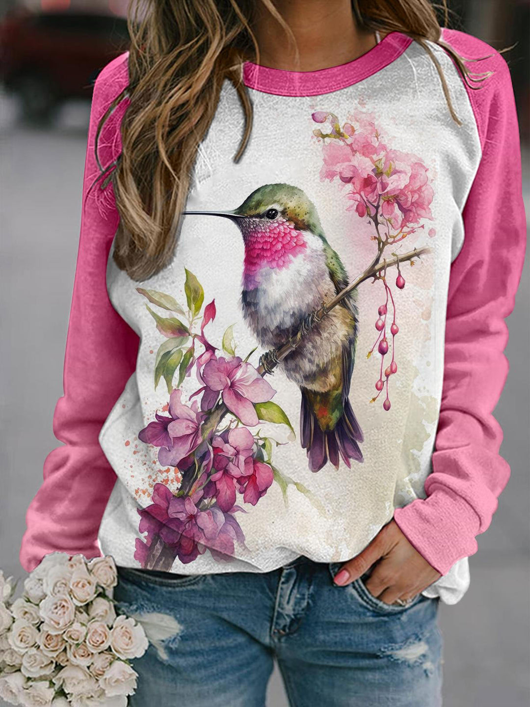 Plum Bossom Hummingbird Long Sleeve Top