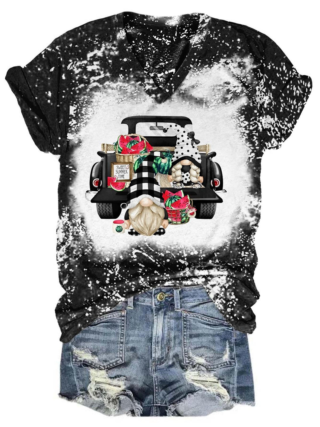 Watermelon Truck Gnome Tie Dye V Neck T-Shirt