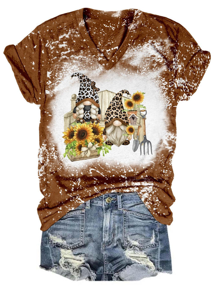 Sunflower Leopard Gnome Tie Dye V Neck Casual T-Shirt