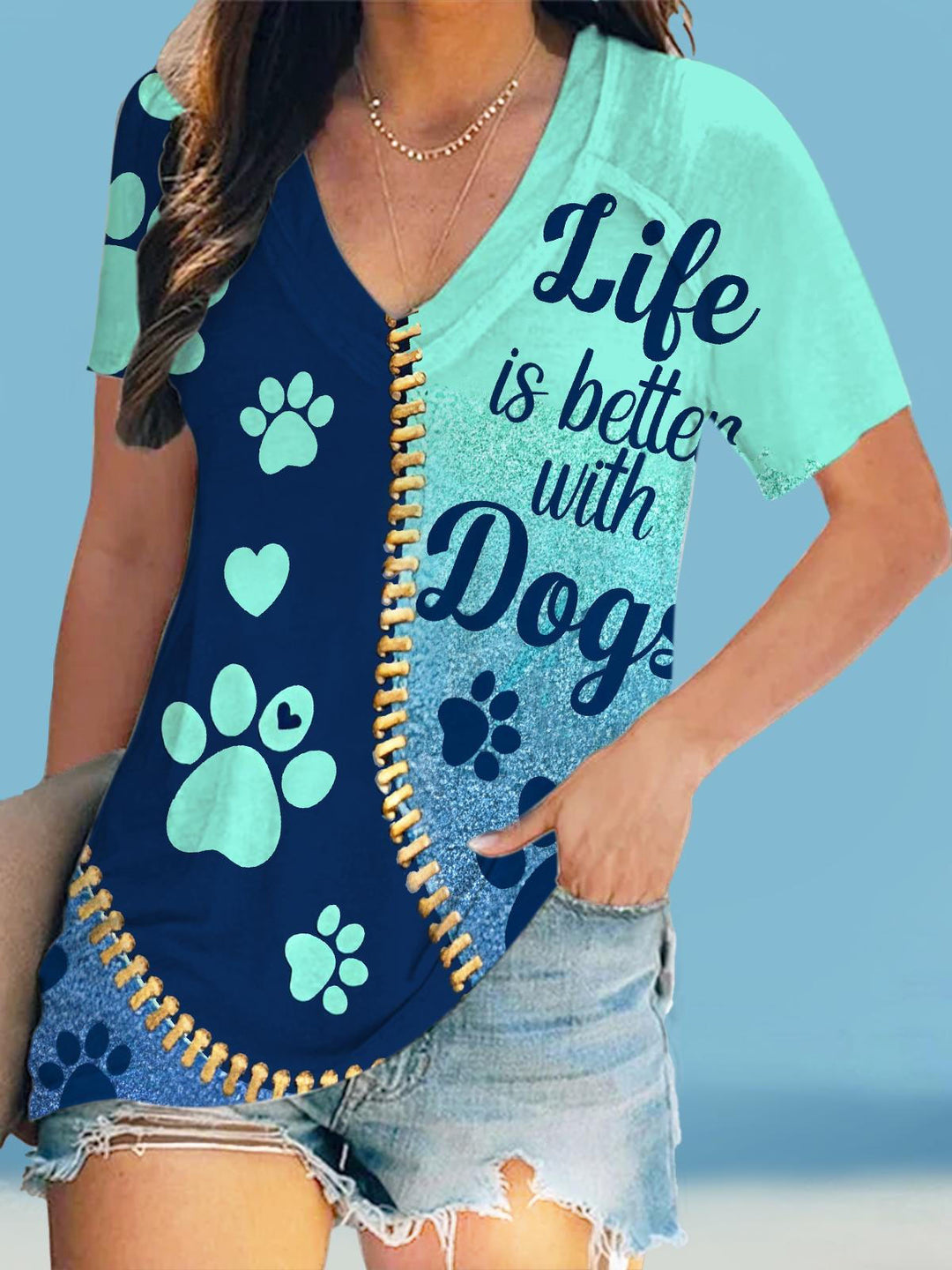 Life is better with Dogs Print V Neck T-shirt
