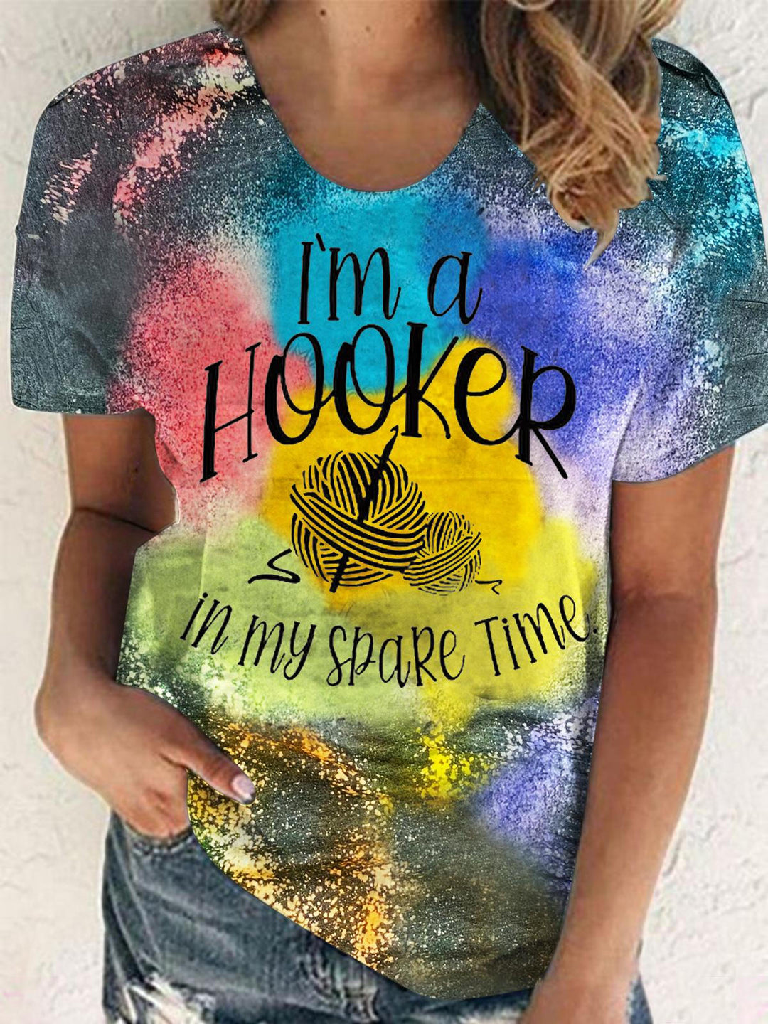 Funny Crochet Print Crew Neck T-shirt