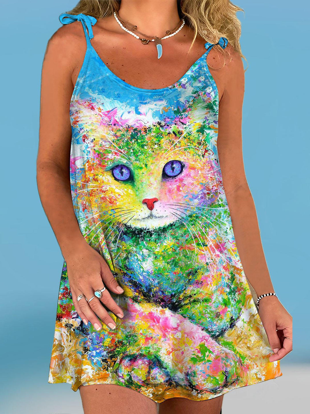 Watercolor Cat Strap Mini Dress