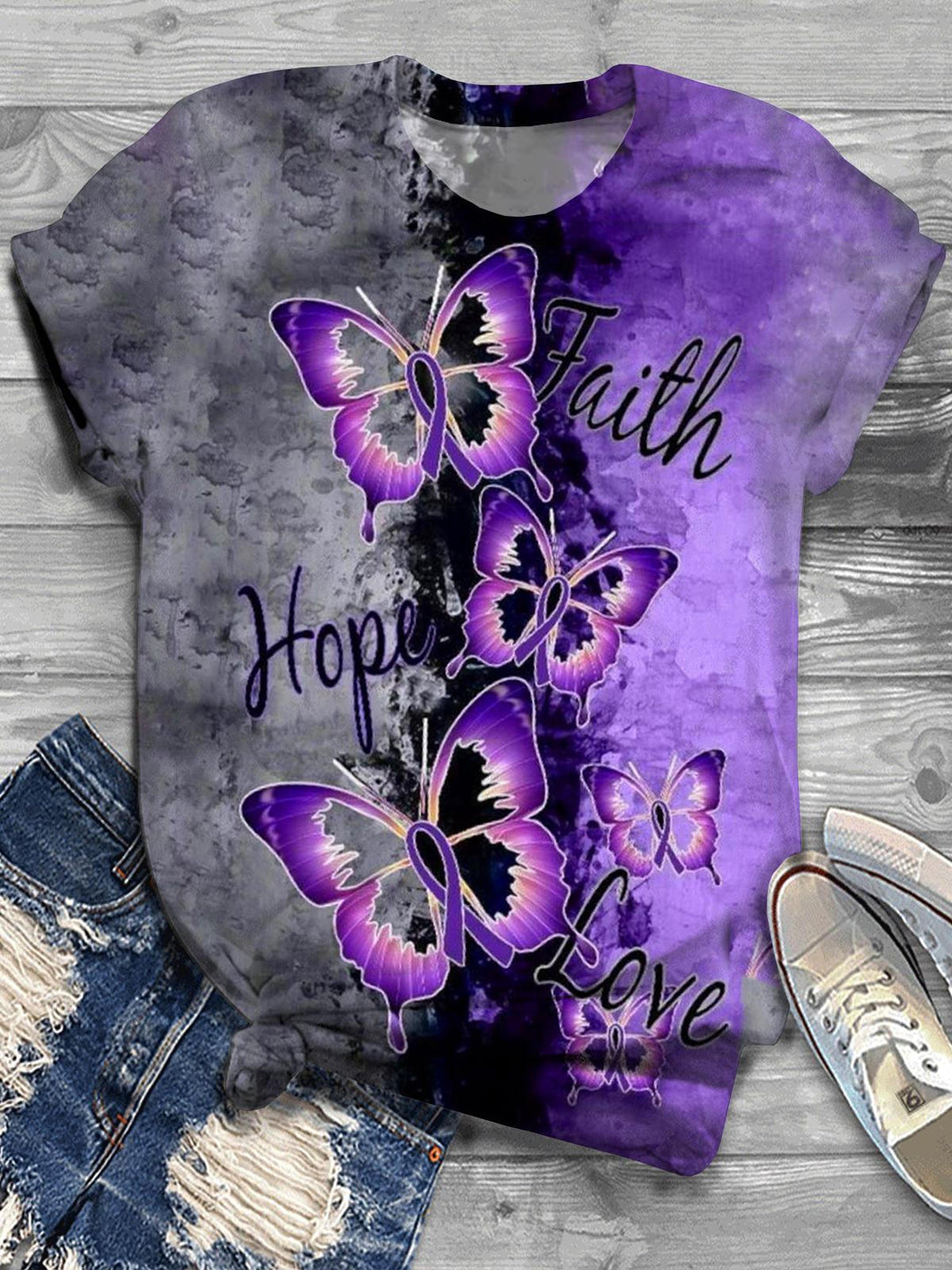Faith Hope Love Cancer Butterfly Crew Neck T-Shirt