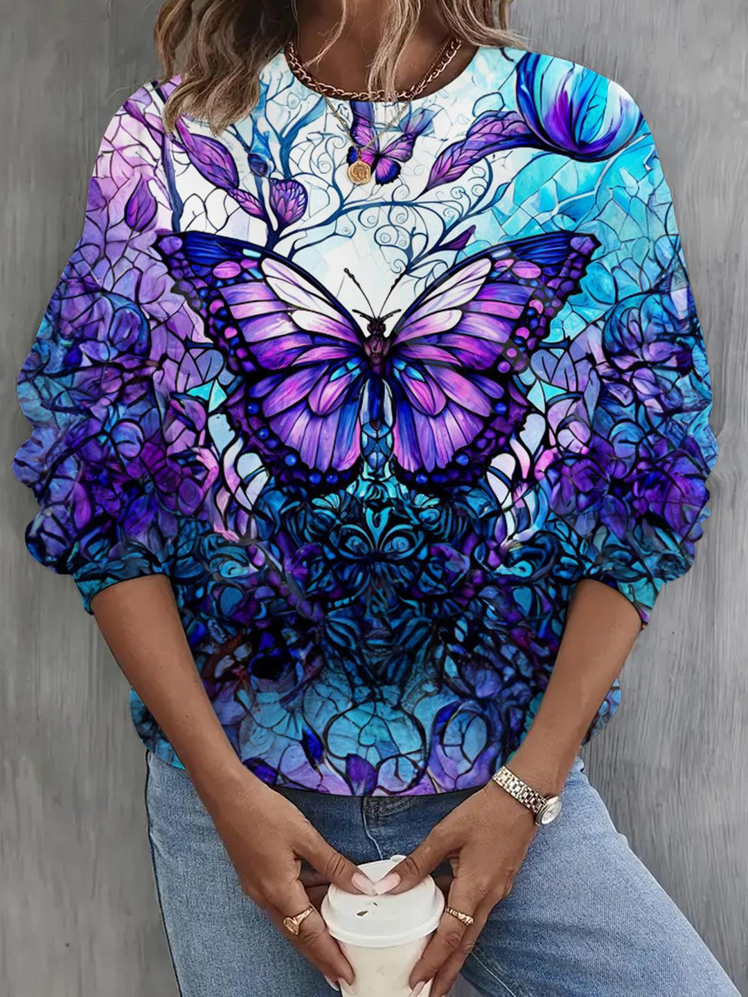 Women's Purple Butterfly Print Casual Top