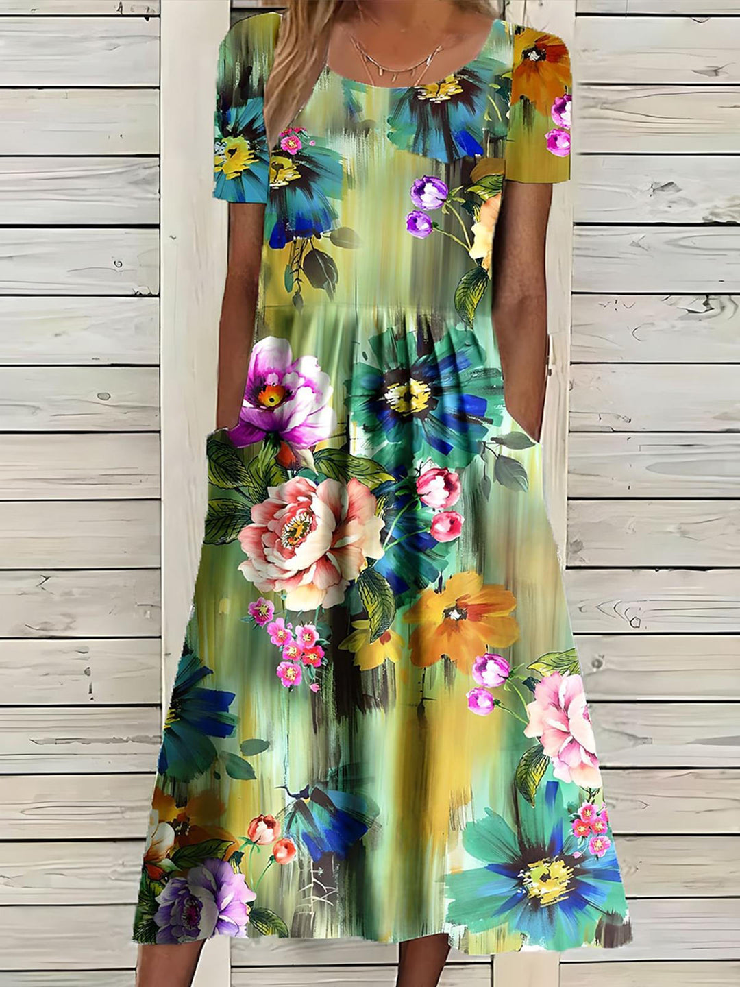 Floral Side Pockets Crew Neck Short Sleeves Dress