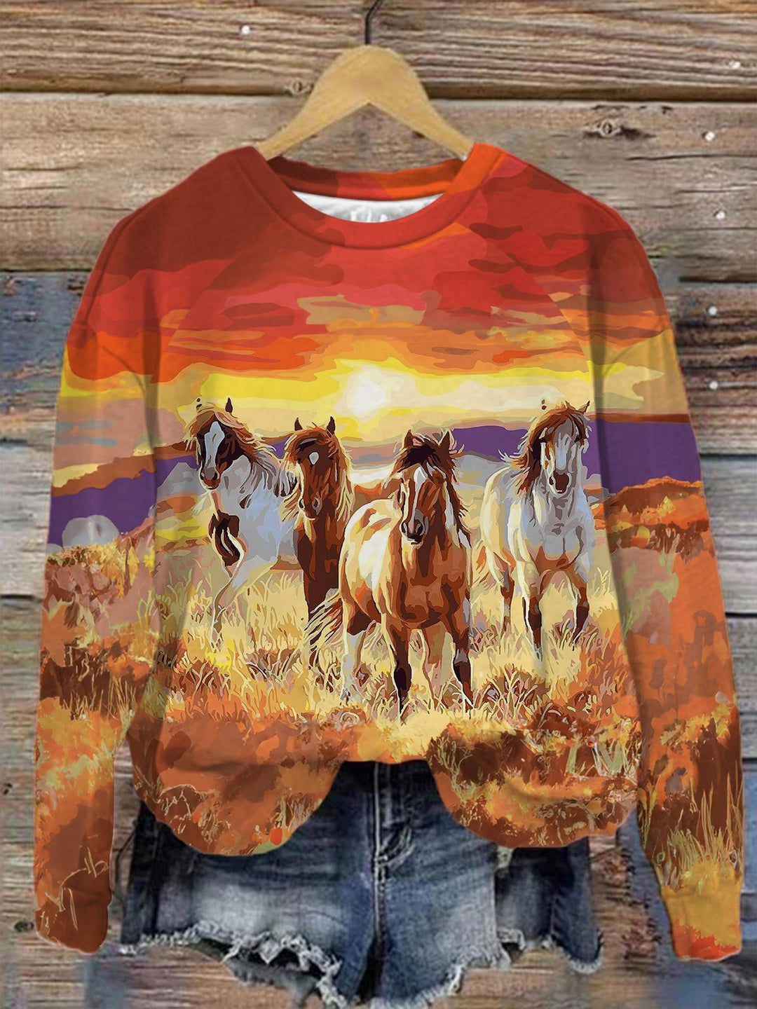 Sunset Prairie Horse Print Long Sleeve Top