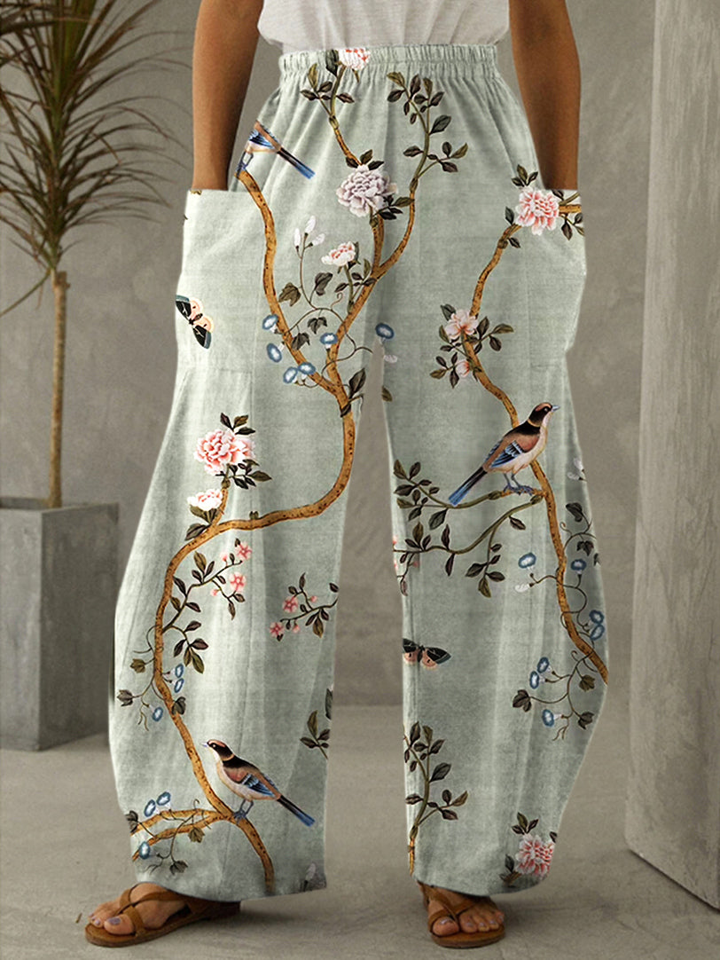 Floral Bird Butterfly Print Casual Pants
