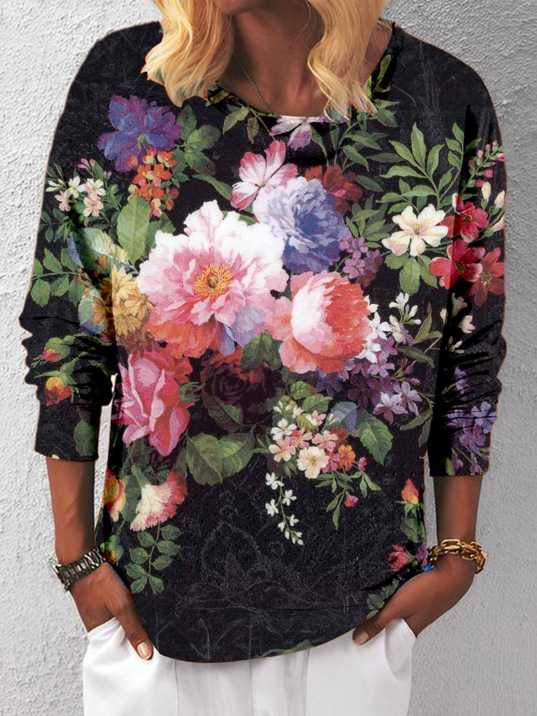 Roses On Black Velvet Long Sleeve Top
