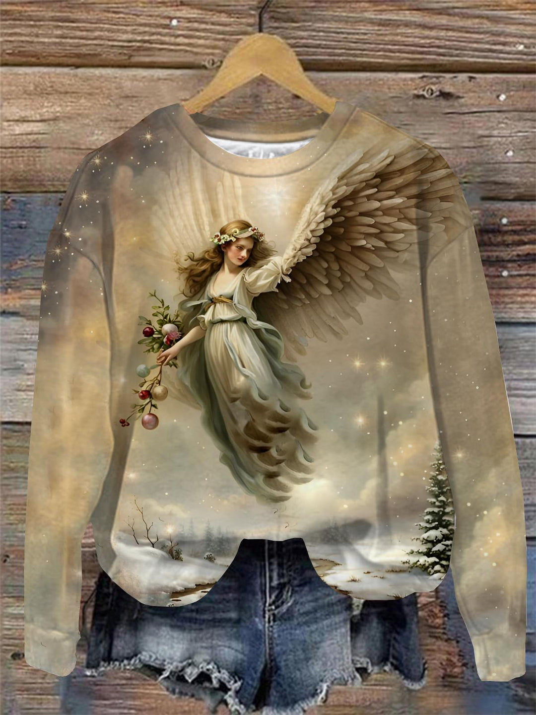 Angel Print Round Neck Long Sleeve Top