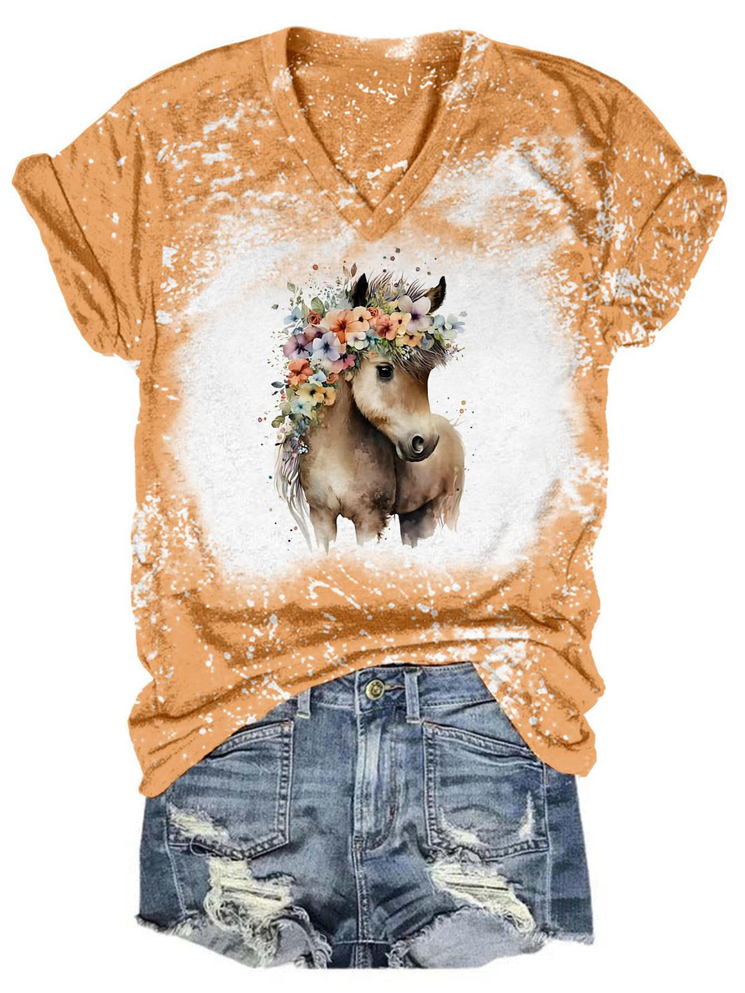 Floral Pony Tie Dye V Neck T-Shirt
