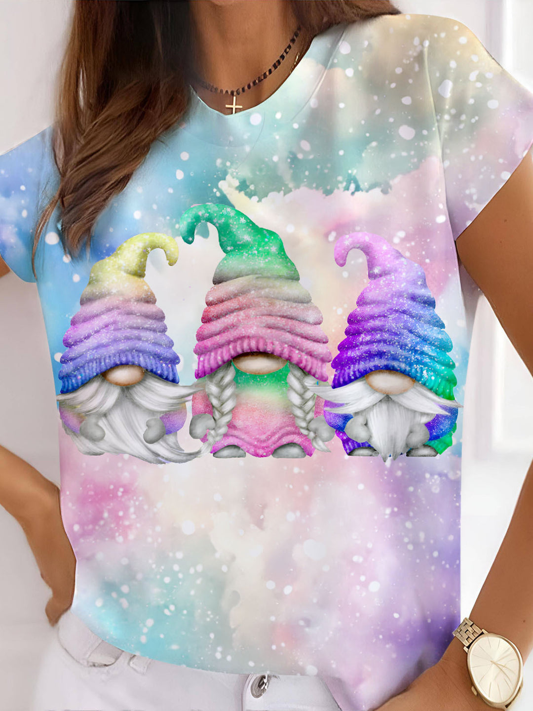 Women's Rainbow Gnome Print Crew Neck T-shirt