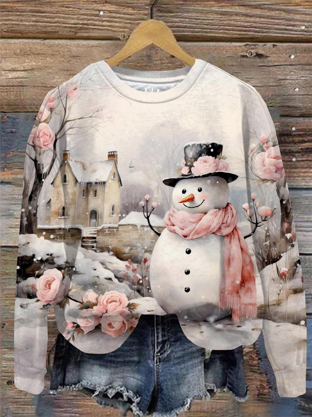 Snowman in Winter Scenery Round Neck Long Sleeve Top