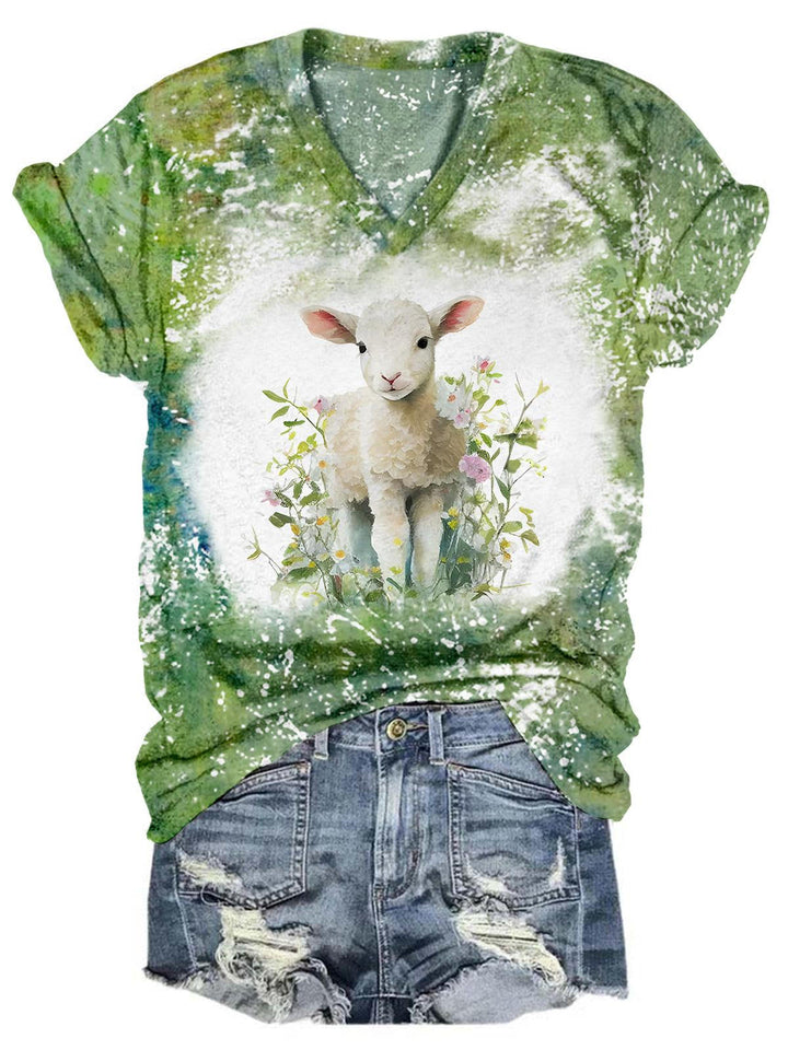 Flower Lamb Tie Dye V Neck T-Shirt