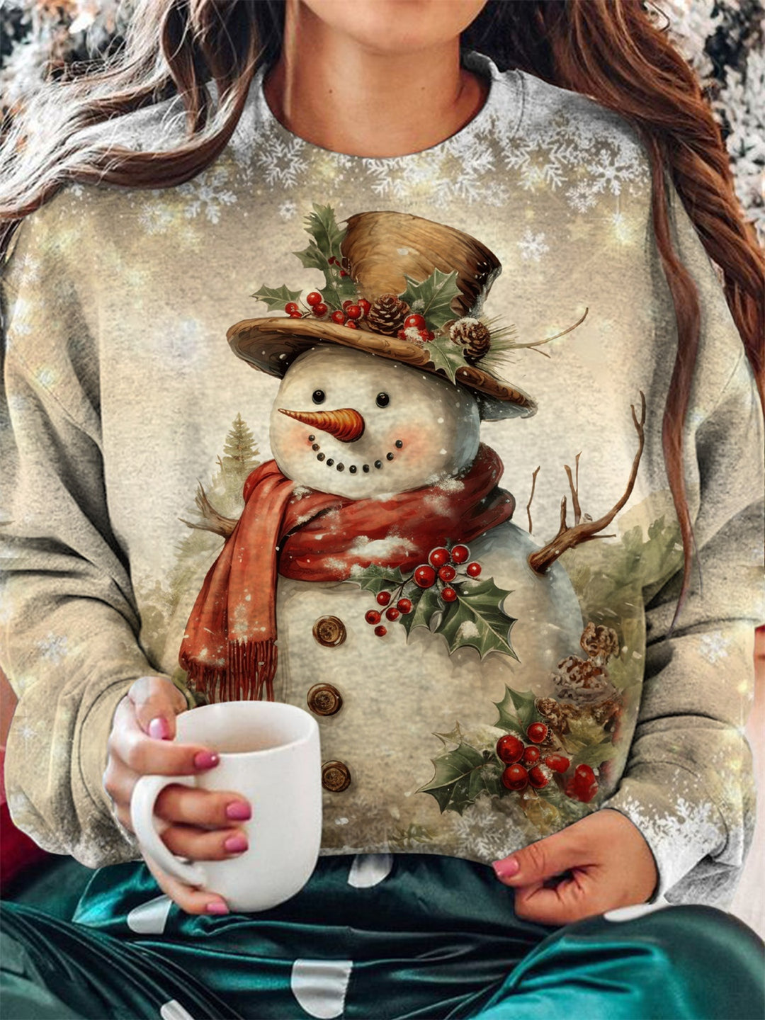 Retro Christmas Snowman Print Round Neck Long Sleeve Top