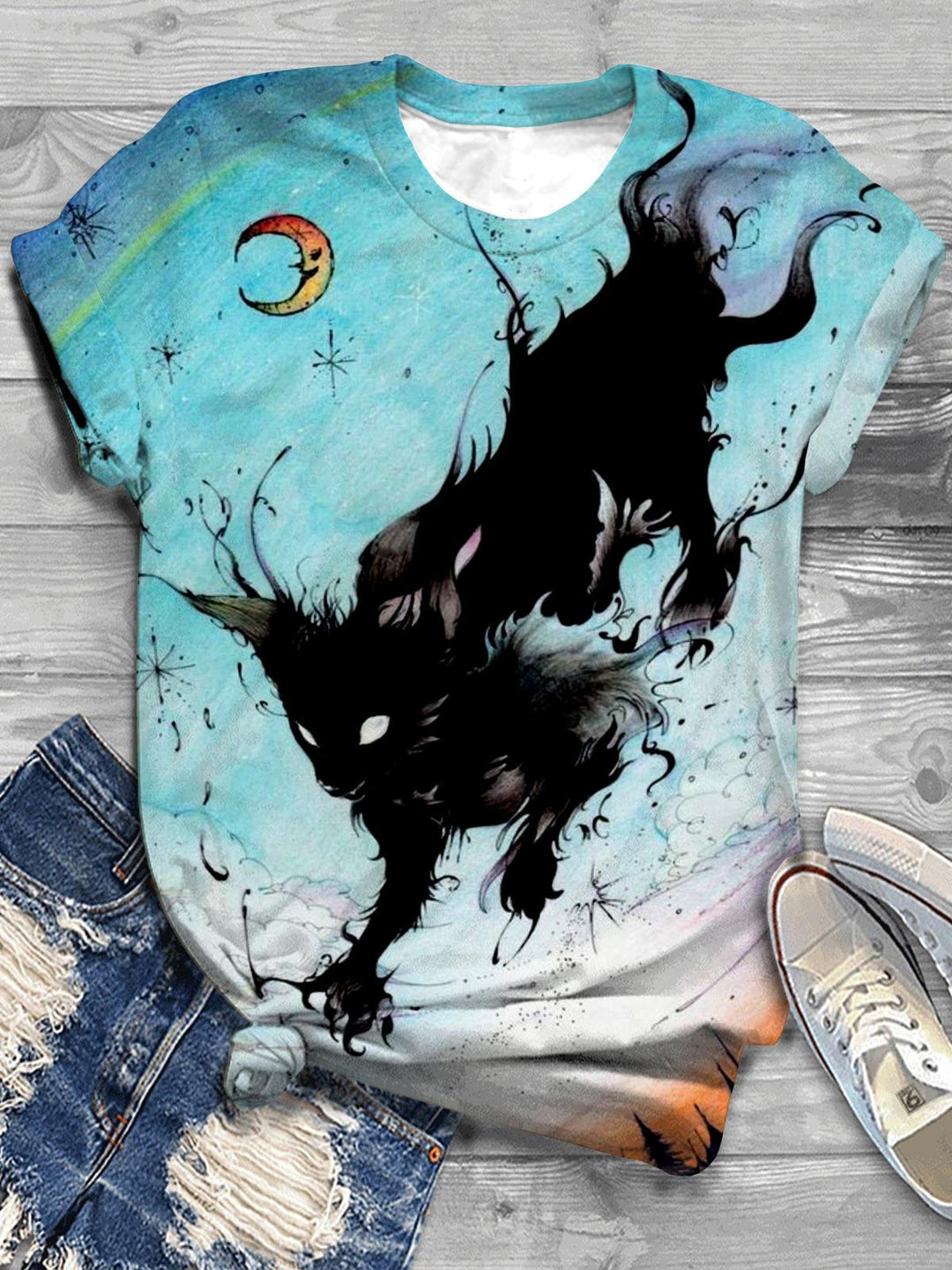 Black Cat Print Crew Neck T-shirt