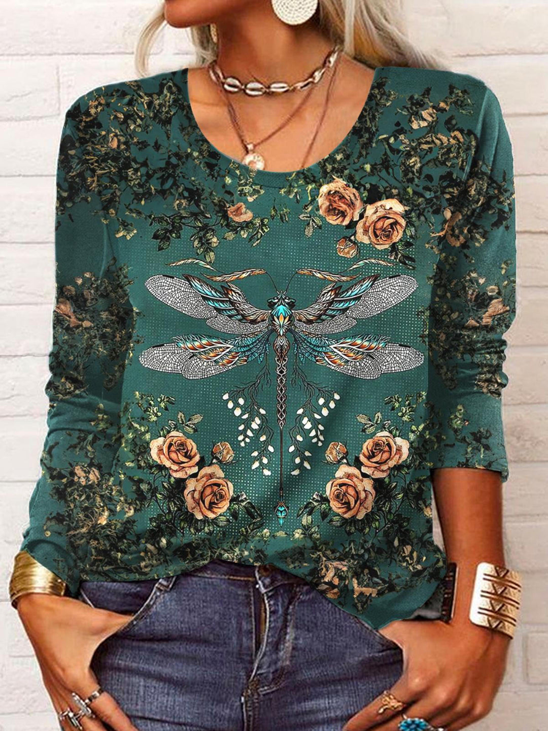Women's Dragonfly Floral Print Top