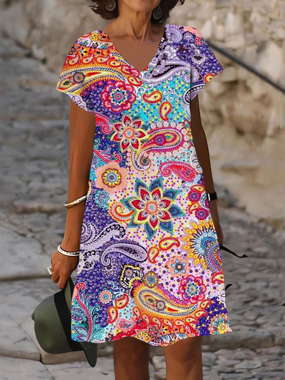Floral V Neck Short Sleeve Dress